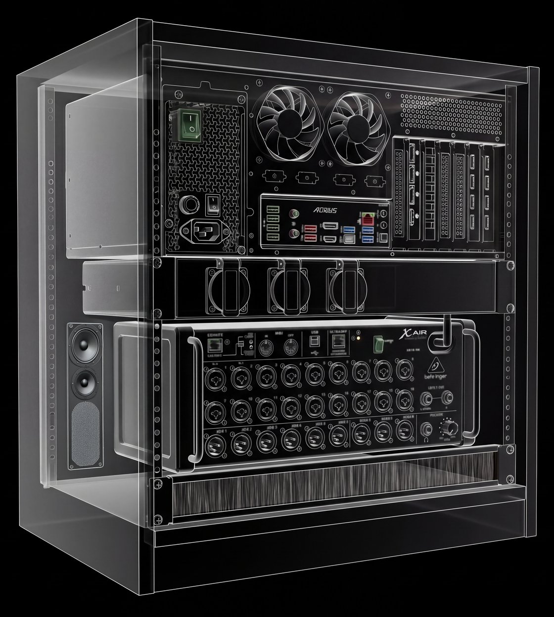 Side view of The Rack — interior view of its built-in devices