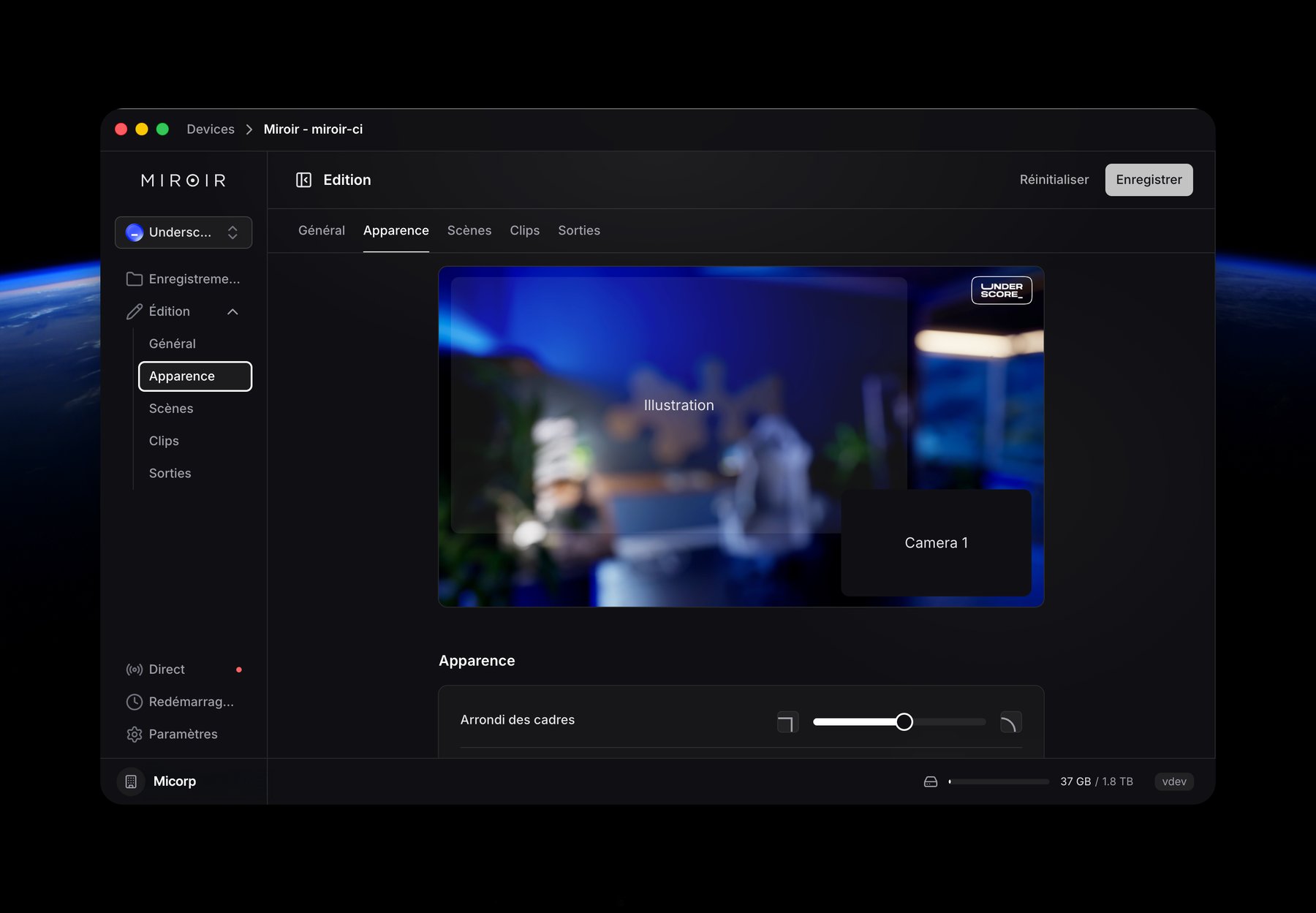 Miroir Remote — appearance settings with brand logo and overlays
