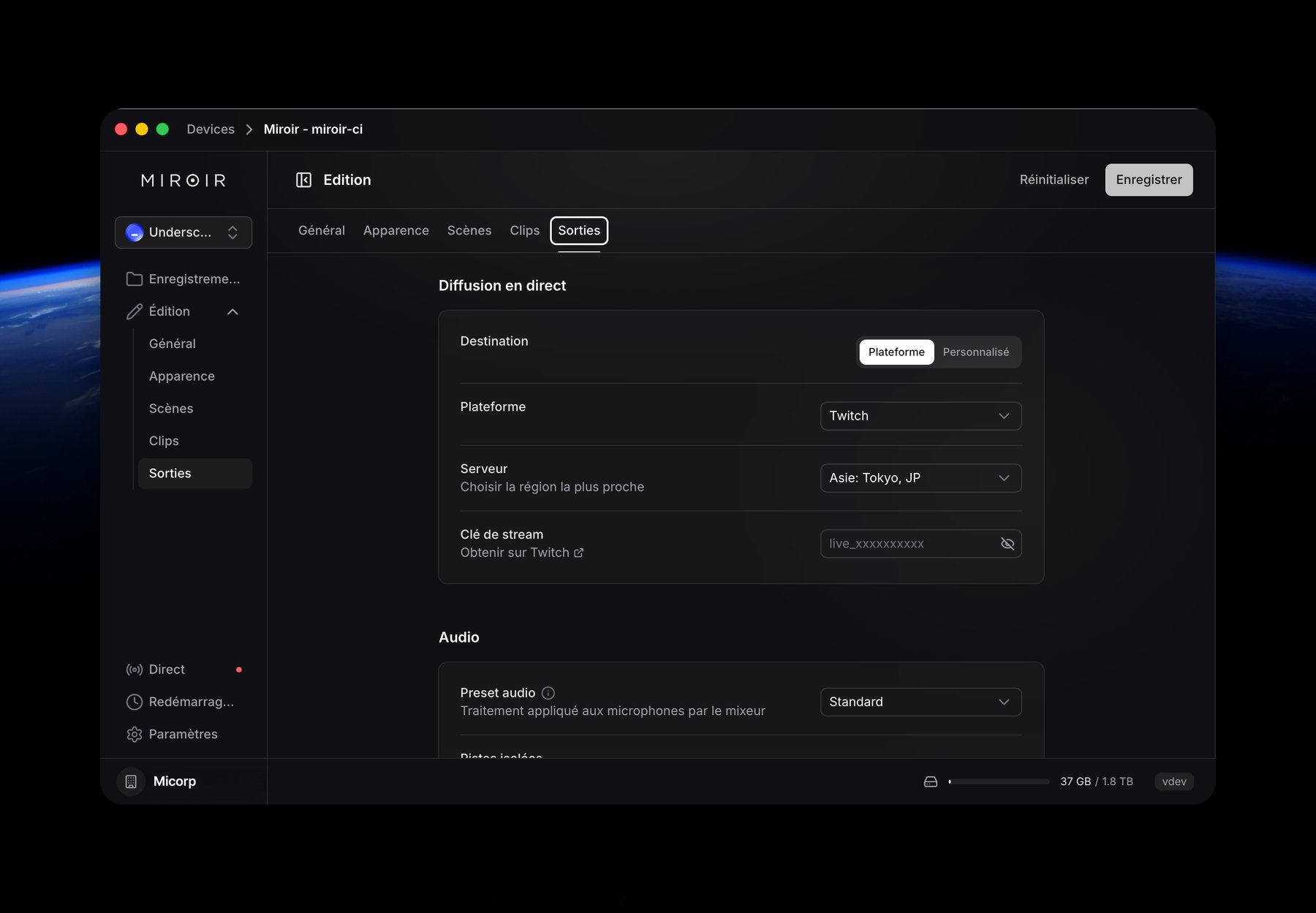 Miroir Remote — outputs panel with streaming destinations