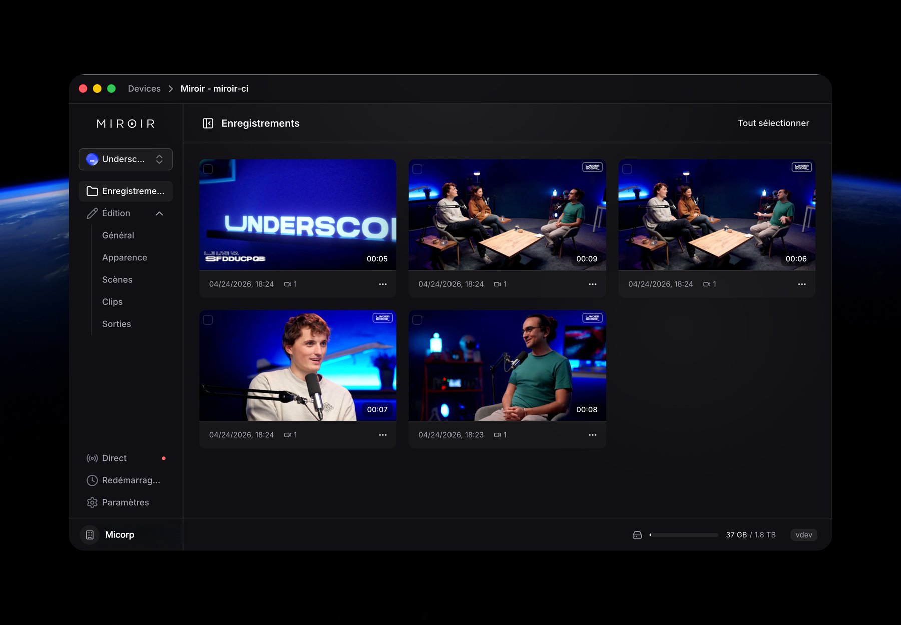Miroir Remote — recordings library with previews